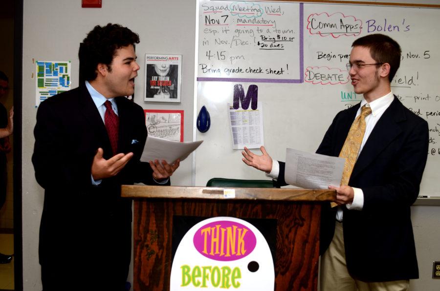 Junior Berryman Toler and sophomore Patrick Ralston practice Extemporaneeous Speaking in preparation for their Debate tournament. photo by Christina Cantu