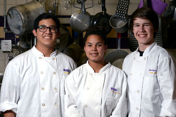 Culinary seniors Jessie Balcazar, Cierrah Washington, and Austin Berrier leave school 4th and 5th period to intern at Brookdale Senior Living Center. Photo by Haley Yates