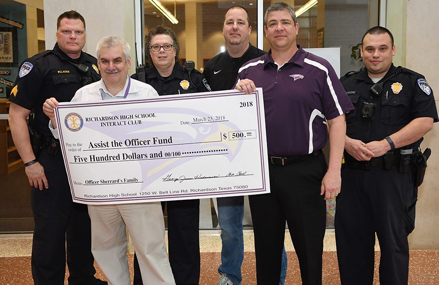 After weeks of fundraising by Senior Interact, Physics teacher George Hademenos and Principal Chris Choat presented a check for $500 to the Richardson Police Department on March 23rd in honor of Officer David Sherrard, the ever first officer to die in the line of duty for RPD.