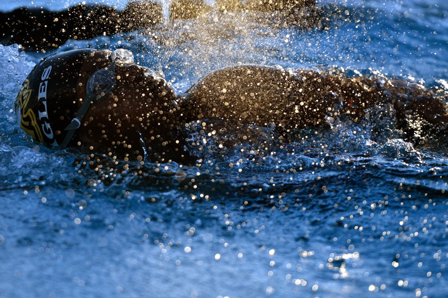 Pushing through the water, senior Shiko Kinyanjui races in the varsity girls freestyle at the North Mesquite meet. This is the only meet outside for RHS swimmers, who share a natatorium with J.J. perace. Talon photo by Daphne Lynd
