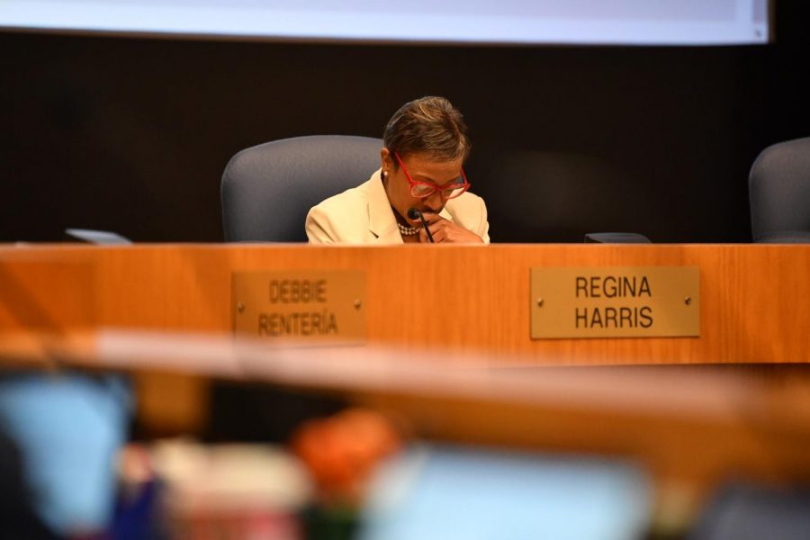 RISD+School+Board+President+Regina+Harris+tearfully+reads+a+statement+from+Jeannie+Stone+following+the+boards+vote+to+accept+her+resignation+as+superintendent+of+the+school+district.+Photo+credit%3A+Savannah+Armitage