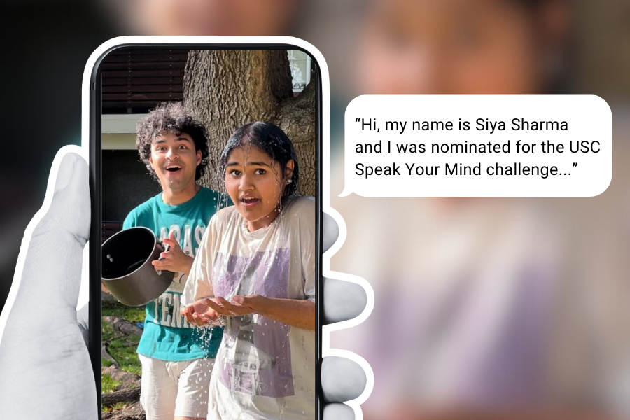 Sophomore Siya Sharma's brother dumps a bucket of water over her head for the USC Ice Bucket challenge. Talon graphic by Laiba Shehzad