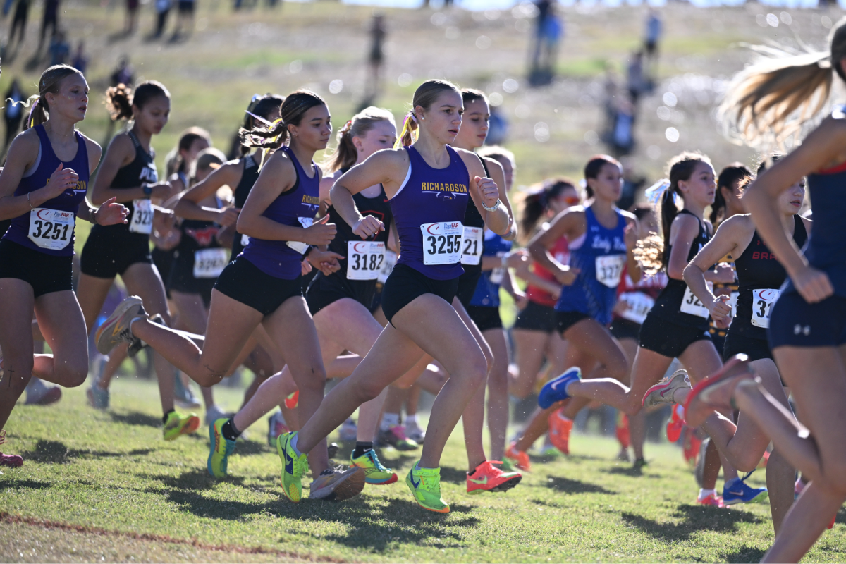 After hearing the bang of the starting gun, varsity runners Selah Martin and Carolina Gatlin take off from the starting line at the UIL 6A Region 1 Cross Country Championship race. The varsity girls team finished 16th overall with a team score of 432, and Cohorn placed 61st individually with a time of 16:39.20. "Even though we came up a little short with going to the state, they ended it very well," Cross Country coach Aleyh Christopher said. Talon photo by Henry Fair