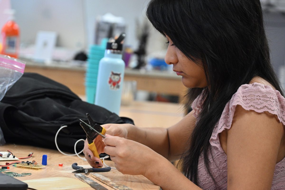 Junior Daisy Huerta takes apart various gadgets for her mechanical wasp sculpture. Art Magnet students are participating in the annual Visual Arts Scholastic Event (VASE), a statewide competition where students submit original artwork and interview with a judge. “I'm a little nervous to see if I'm going to finish in time,” Huerta said. Talon photo by Ilan Ahmed