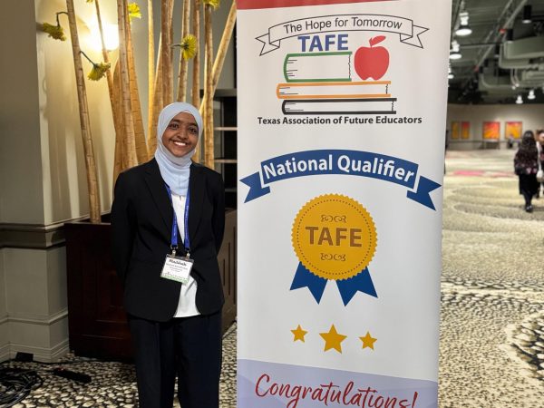 Senior Madihah Ashroff Khan stands next to a banner at the TAFE State Conference in Dallas after nationally qualifying. Teaching Internship students competed at the Texas Association of Future Educators Teach Tomorrow Summit and state conference from Feb. 26-28 in Dallas where five students qualified for nationals. “I want to end my senior year strong,” Ashroff-Khan said. Photo courtesy by Madihah Ashroff Khan